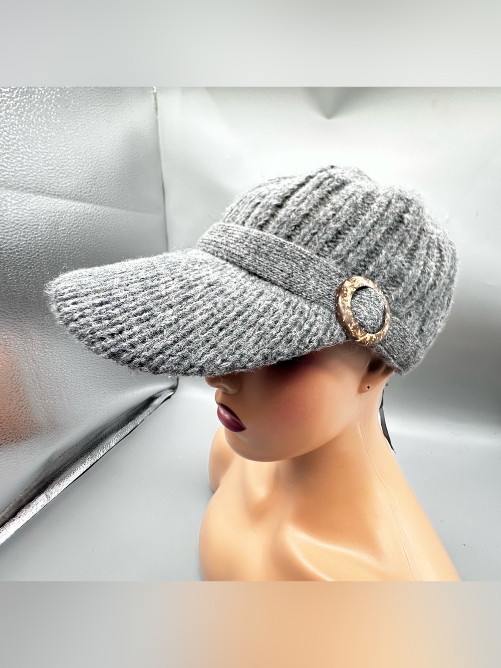 Scala Handmade Wool Womans Blend Knit Newsboy Cap with Wooden Ring Detail